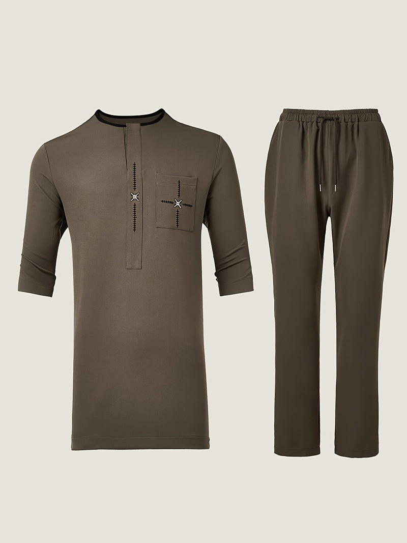 Men'S Classic Embroidered Suit, Summer Mid-Sleeve Top.