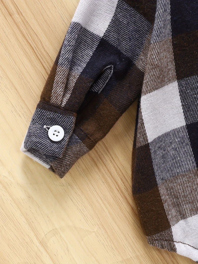 2pcs Boys Cotton Plaid Lapel Collar Button-Front Lapel Shirt & Pocket Pants.