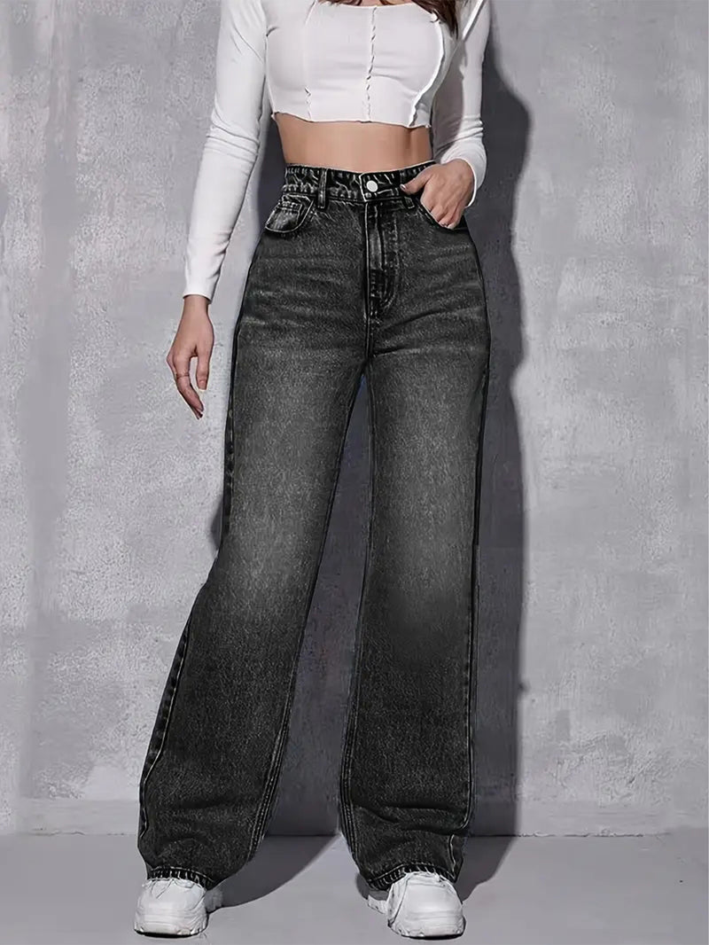 Women's Stretchy Retro Slim-Fit Straight-Leg Black Jeans.