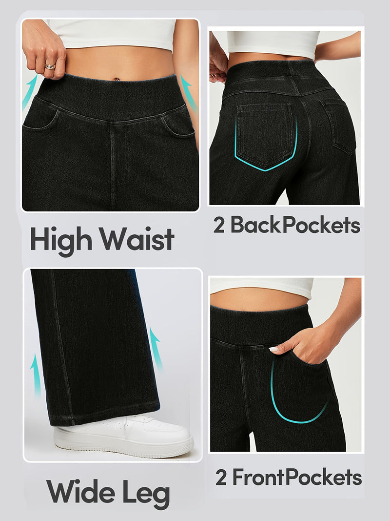 Black Trendy Elastic Waist Straight-Leg Flared Jeans for Women.