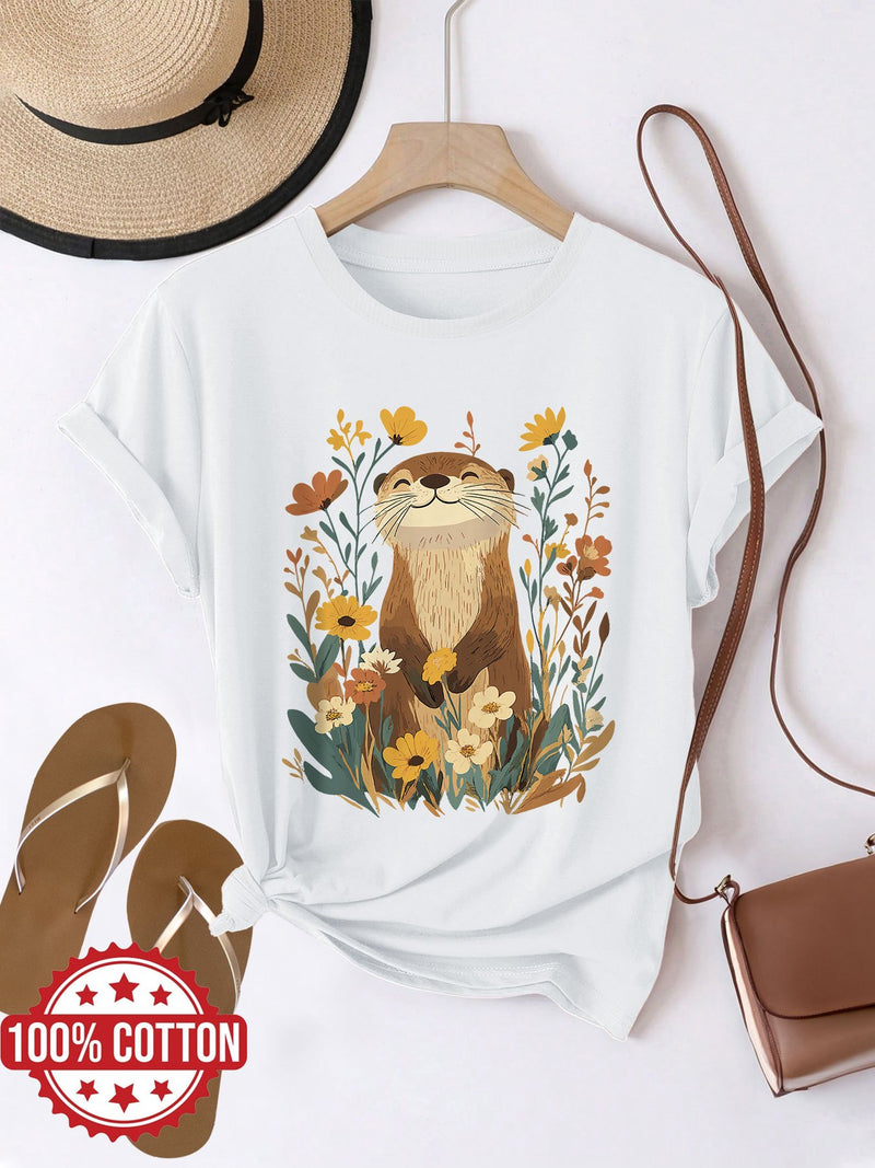 Women's Cute Otter & Floral Print T-Shirt.