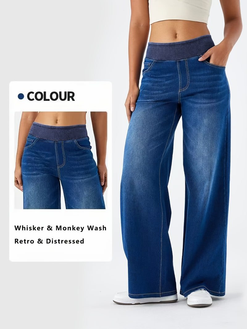 Women's Elastic Waist High-Waisted Wide-Leg Jeans.