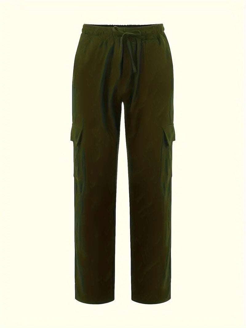 Linen Drawstring Elastic Waist Multi-Pocket Casual Long Pants.
