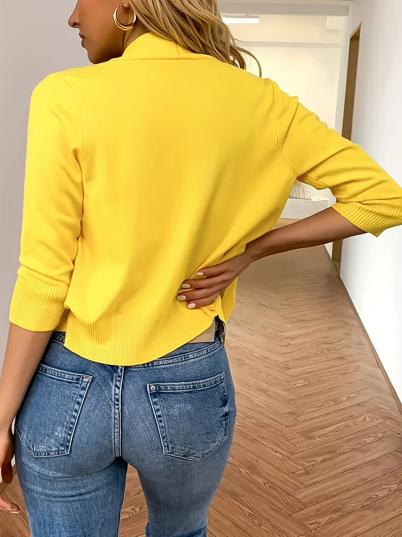 Solid Color Open Front Knit Cardigan, Casual 3/4 Sleeve Top.