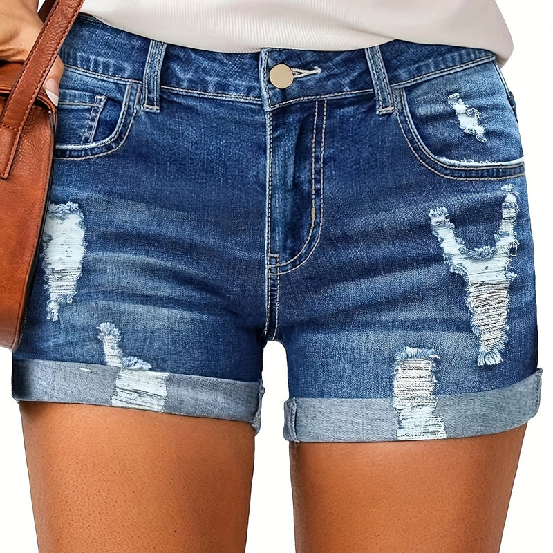 New Stylish Casual Women'S Denim Shorts with Stretchy Ripped Design.