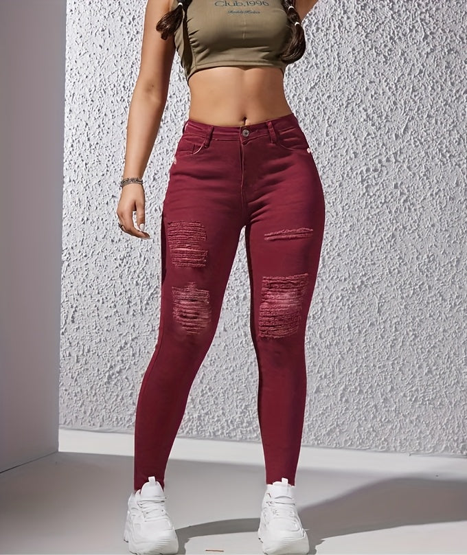 Women's Ripped Skinny Pants, Elastic Slim-fit.