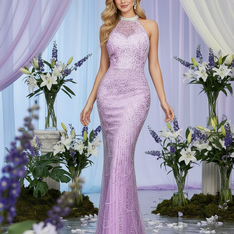 A Glamorous Sequin Evening Gown for The Elegant Woman.