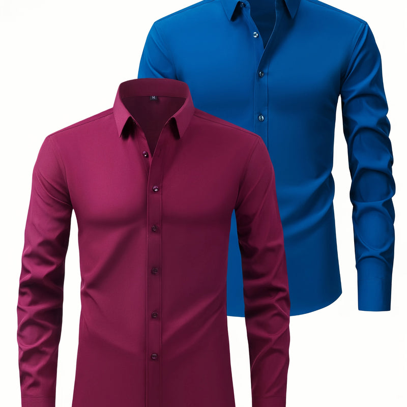 Two-Piece Set of Men's Solid Color Elastic Shirts.