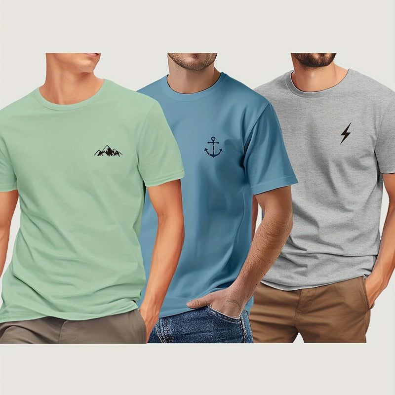 3pcs Men'S Short Sleeve Print T-Shirt.