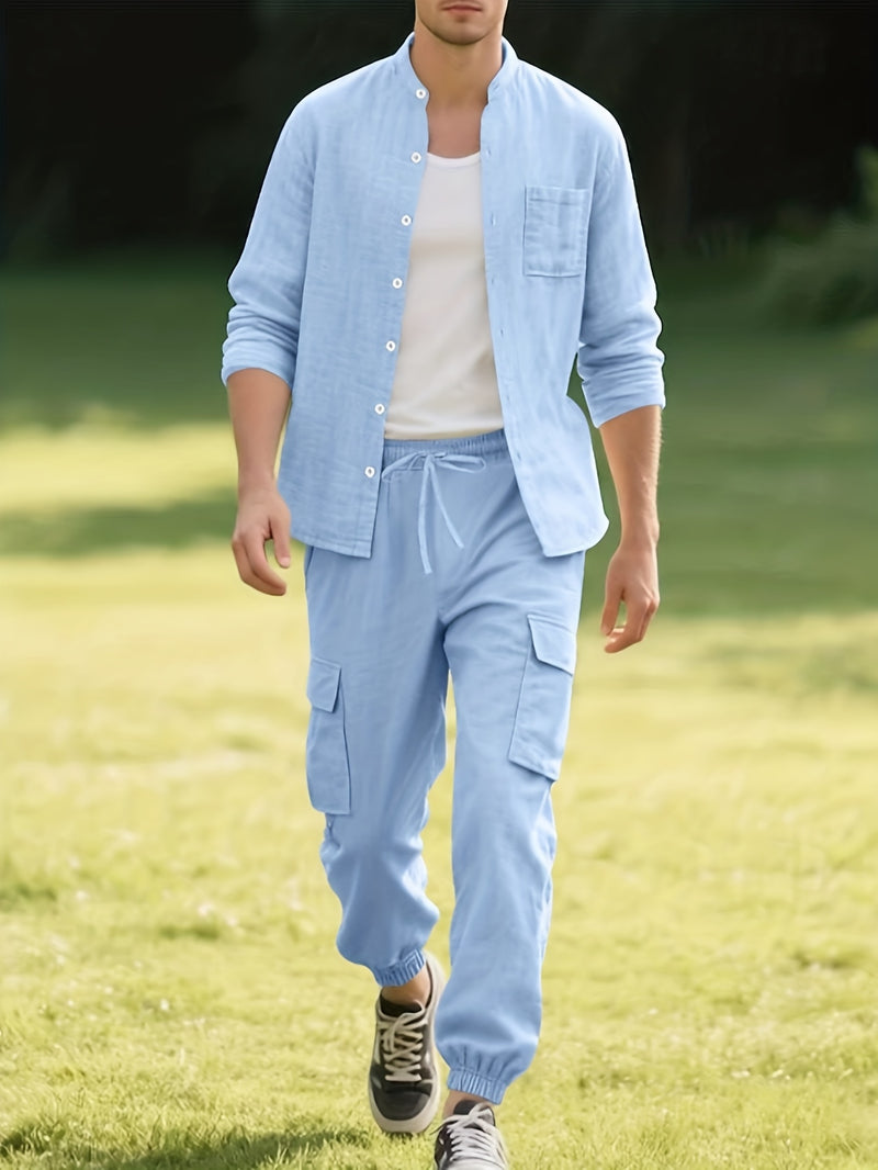 Men's Solid Color -Linen Suit, a Two-Piece Set for Sporty Comfort.