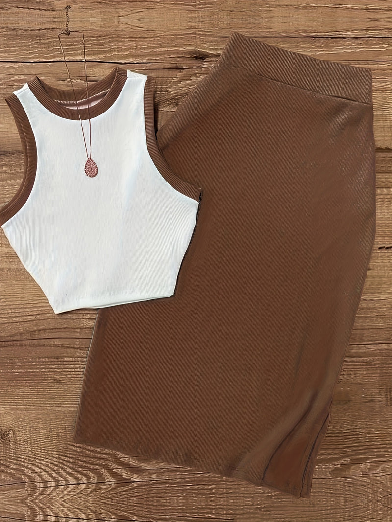 Women's Sleeveless Waistcoat and Split Skirt Set.