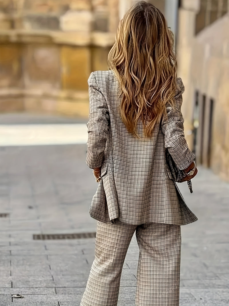 Women's Product: Lined Plaid Suit Jacket Top + Plaid Wide-Leg Pants Suit.