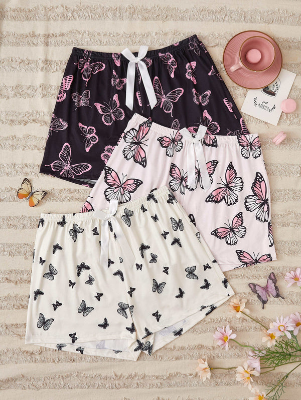 3pcs Allover Butterfly Print Clothing Bottoms, Casual Bow Decor Elastic Fit Shorts.