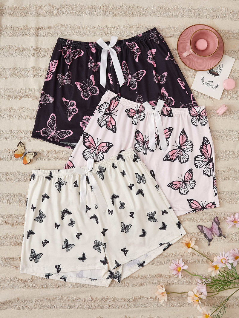 3pcs Allover Butterfly Print Clothing Bottoms, Casual Bow Decor Elastic Fit Shorts.