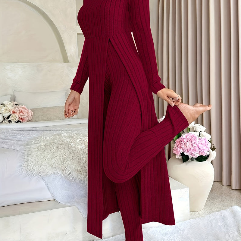 2pcs Women's Designer Round Neck Split Long Sleeve Top and Pants.