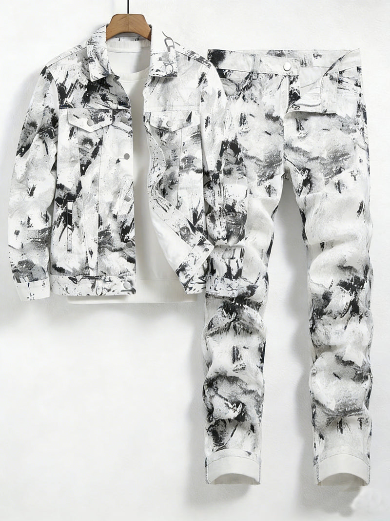 Men's Splatter Print Denim Set - Black and White Splatter Print.