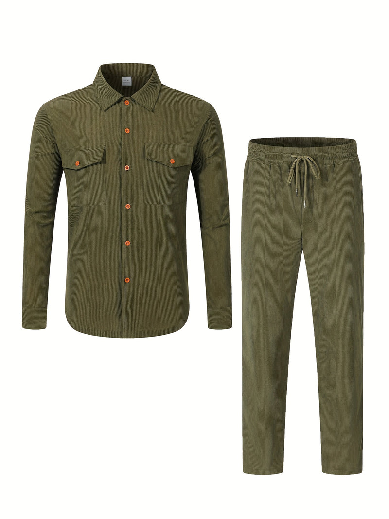 Men'S Casual Two-Piece Set - Olive Green Corduroy  Shirt & Pants.