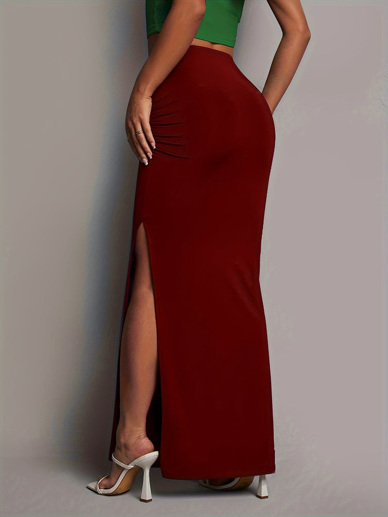 Elegant Ruched Split Thigh Maxi Skirt For Spring & Summer.