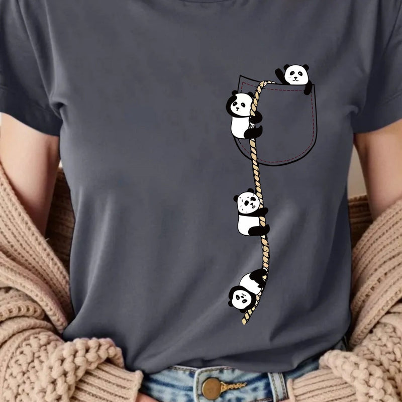 Women’s  Pocket Panda Climbing Rope Cute Pattern Print Fashion Crew Neck T-Shirt.