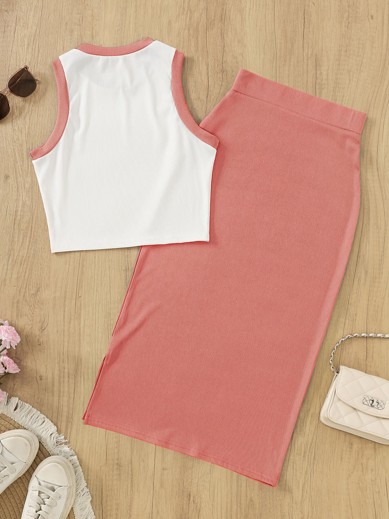 Women's Sleeveless Waistcoat and Split Skirt Set.
