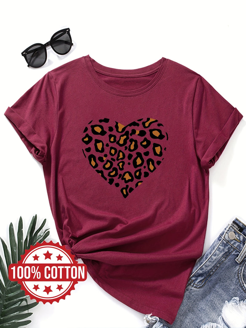 Women's "Leopard-print Heart" Graphic Print T-Shirt.