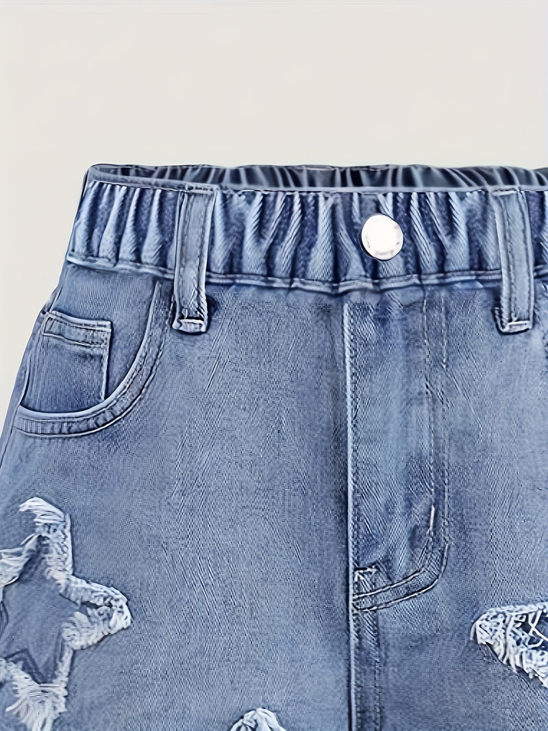 Girls' Faux Denim Shorts - Stylish Deep Blue Faux Denim with Star Patch Design.