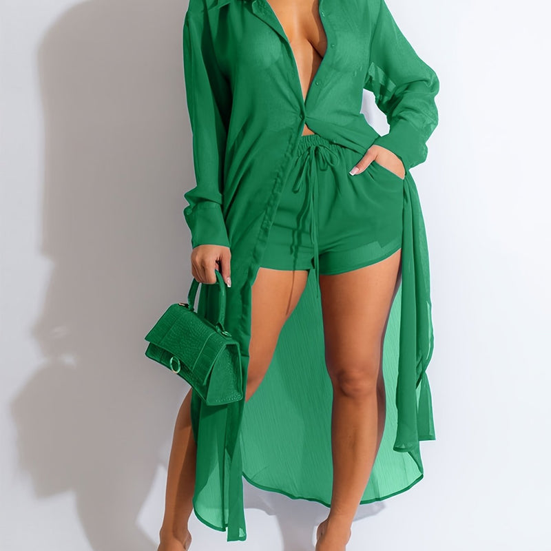 Women’s Sexy Sheer Two-Piece Set Long Sleeve Shirt + High-Waisted Shorts.