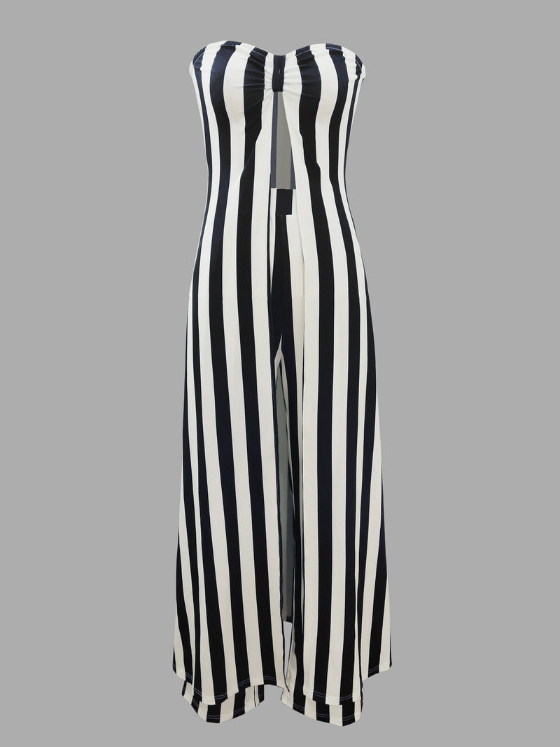 Women's Off-Shoulder Pantsuit with Side Pockets, Featuring Striped Prints.