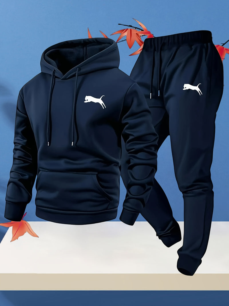 Fashion Versatile Warm 250gsm Hooded Sweatshirt + Pants Two-Piece Set for Men.