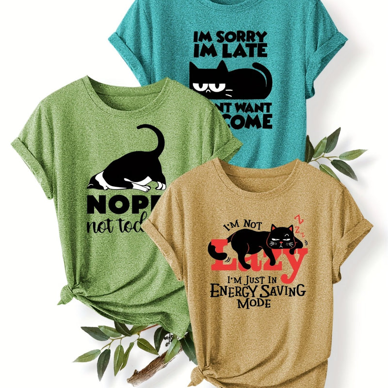 3pcs Women’s Featuring a Round-Neck Short-Sleeve T-Shirt.