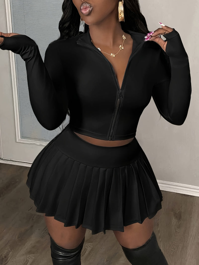2pcs Women'S Casual V-Neck Zip-Up Top And Pleated Mini Skirt Set.