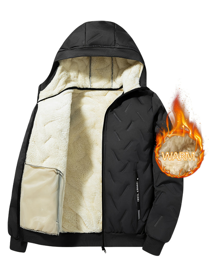 Men's Hooded Jacket, Autumn/Winter Fleece-Lined Warm Padded Coat.