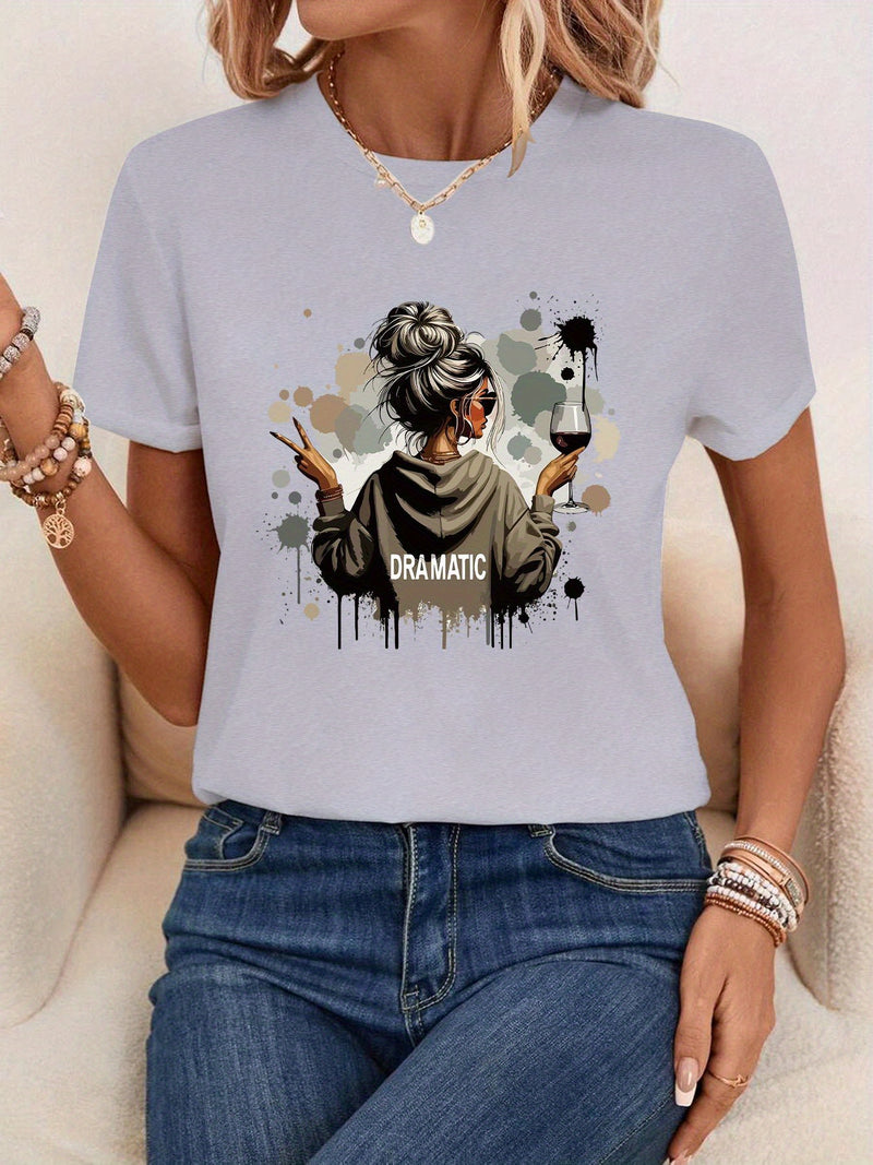 A Women's Stylish Printed Short-Sleeve T-Shirt with a Round Neck.