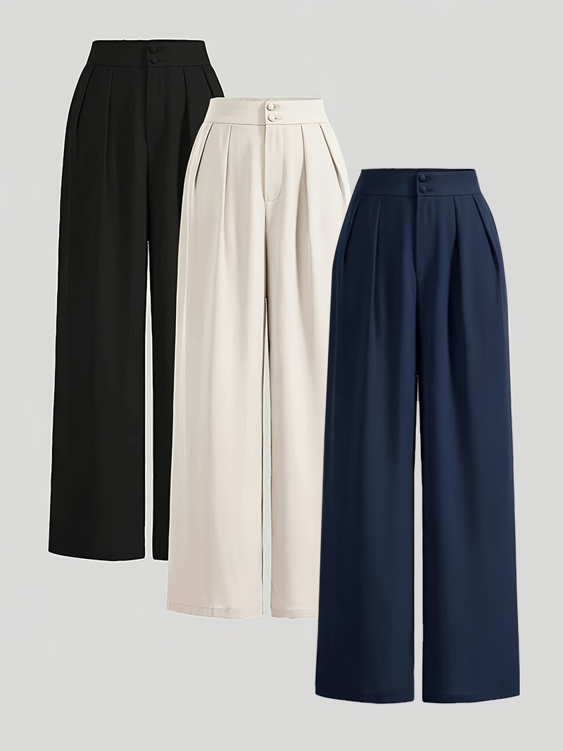Women’s 3pcs Set Wide-Leg Pants, High-Waist with Double Buttons.