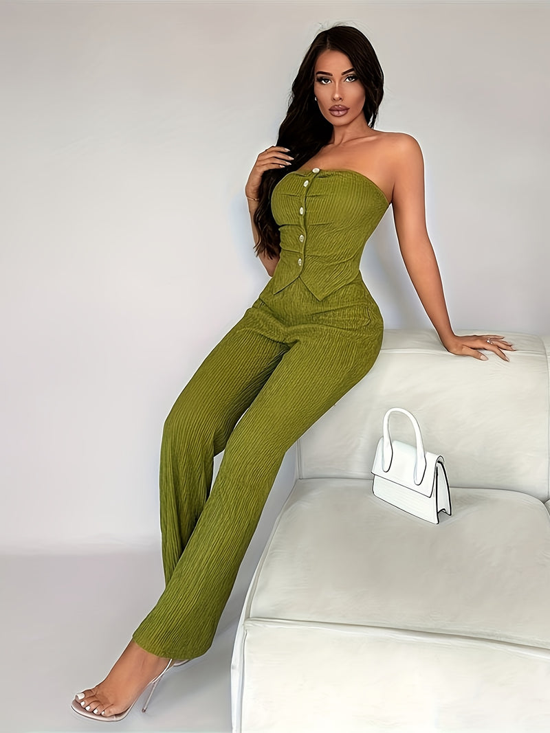 Women's Stretch Button Embellished Sheath Flared Casual Pants.