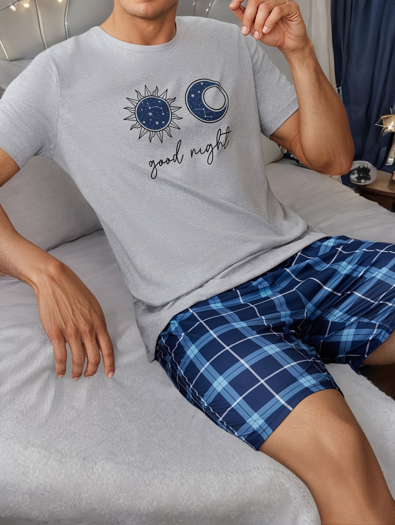 A Casual Home Outfit for Men Featuring a Summer T-Shirt And Blue Shorts.