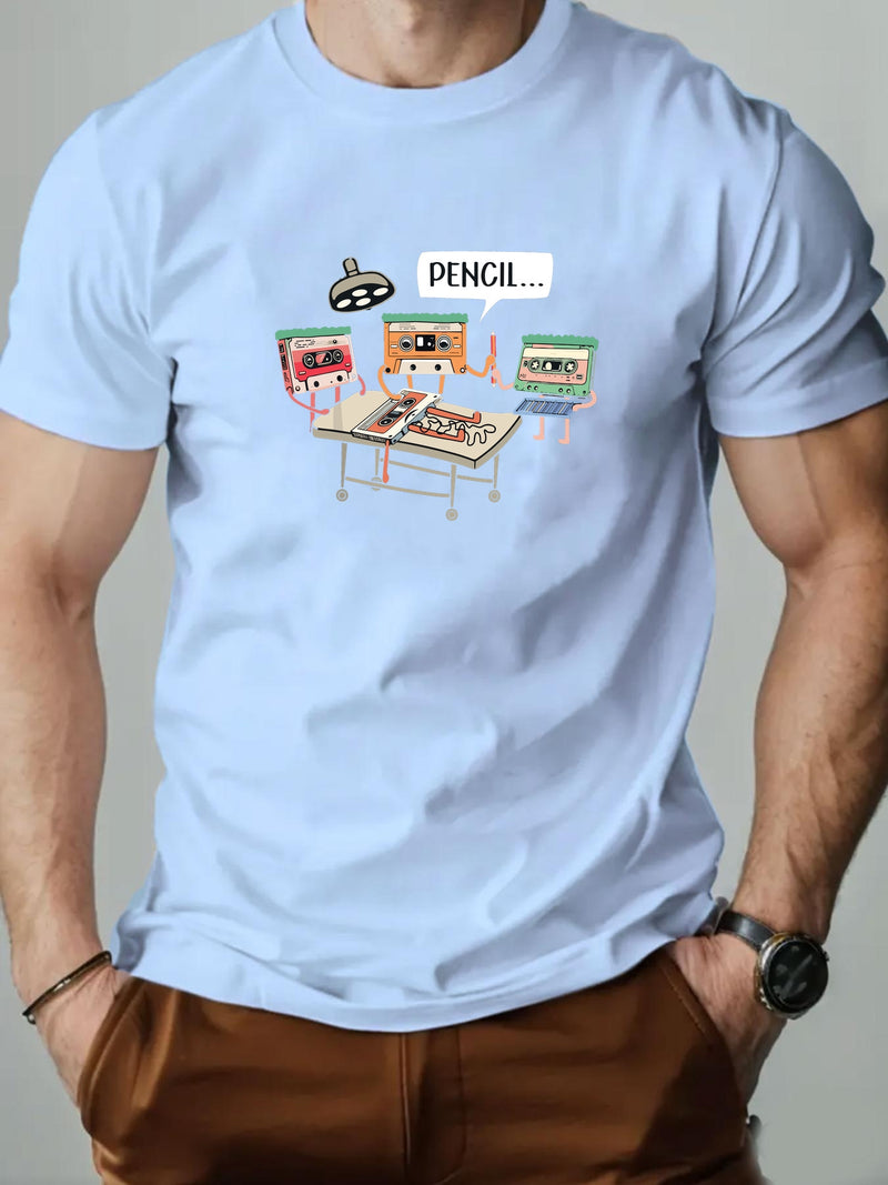 Men's Summer Casual Crew Neck Short Sleeve T-Shirt with Tape Pattern.