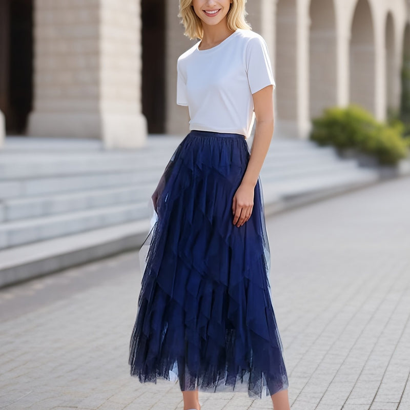 Women’s Irregular High-Waisted A-Line Tulle Skirt, Layered Tulle Skirt.
