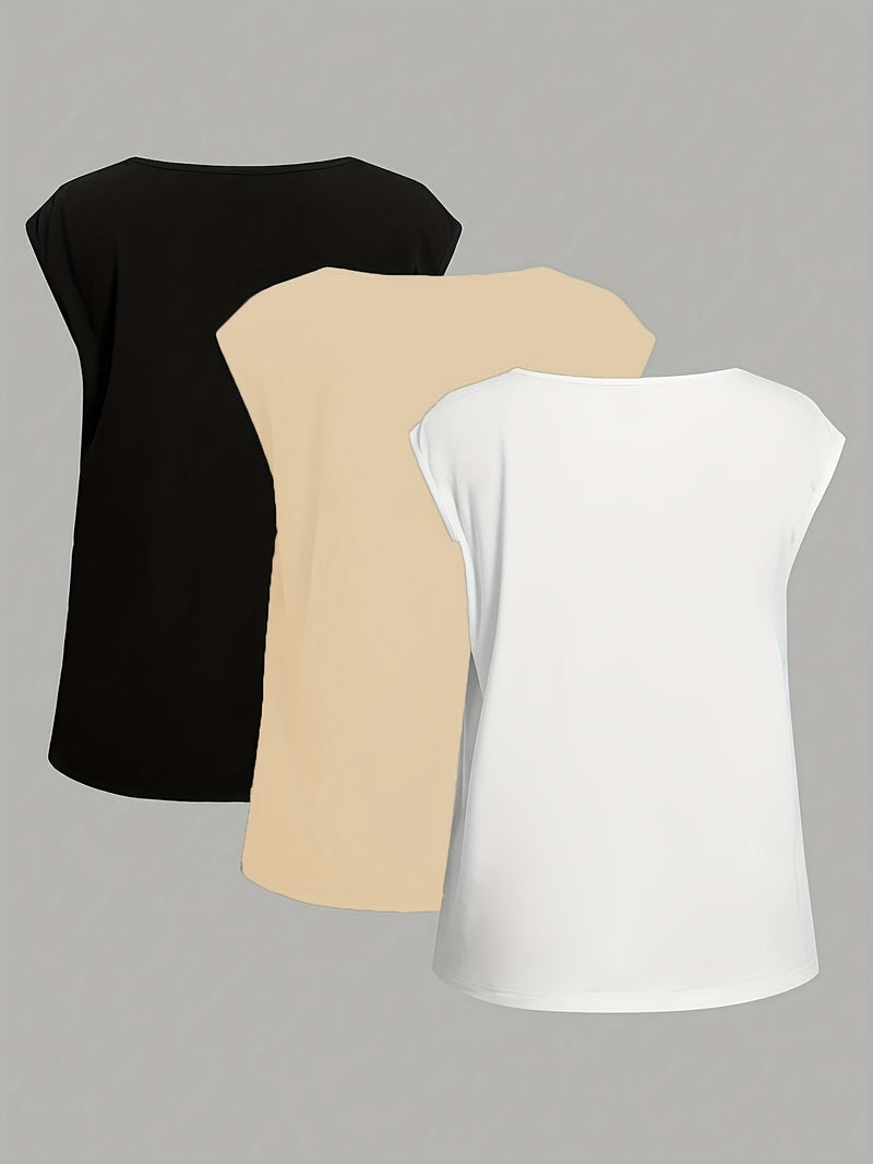 3pcs Set of Casual Floral, Heart, And Leopard Print Round Neck Fitted T-Shirts for Women.