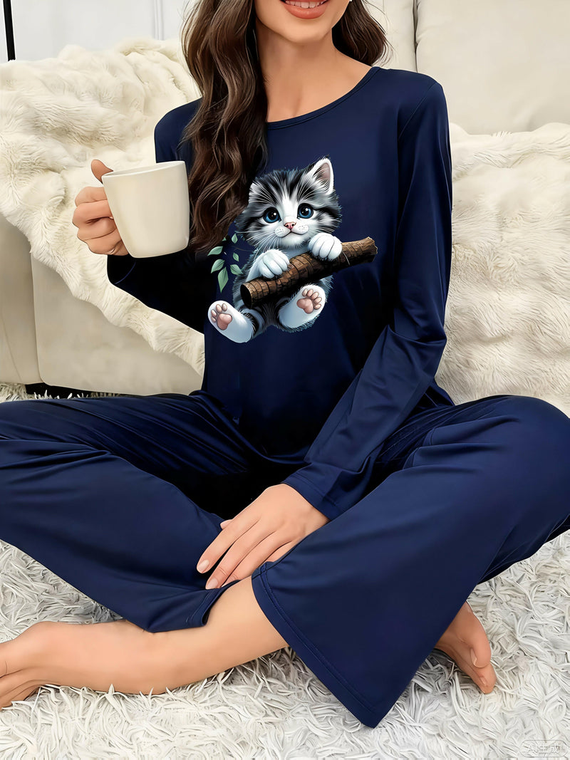 Women's Home Clothing Two-Piece Set with White Bow, Autumn And Winter.