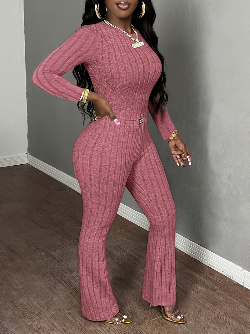 Women's Slim-Fit Round Neck Long-Sleeve T-Shirt and Vertical Stripe Pants.