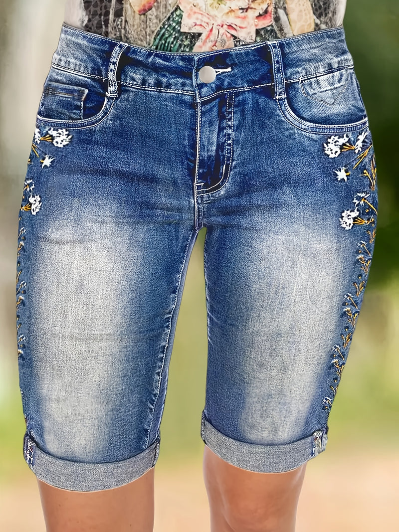 Women's Mid-Rise Denim Shorts Featuring Floral Embroidery.