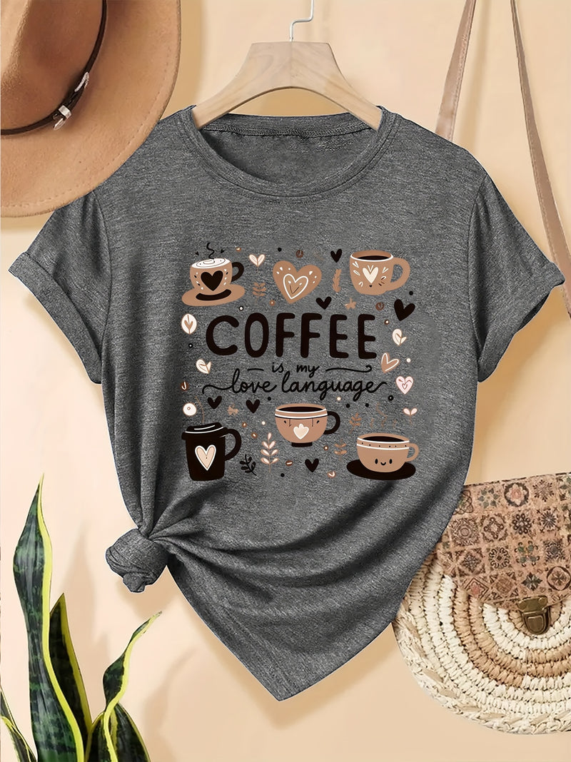 Elegant Women's Short-Sleeve T-Shirt with Coffee-Themed Prints.