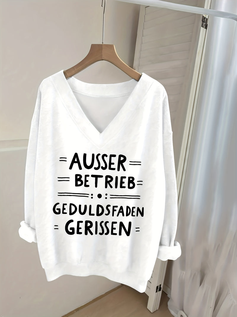 Women's Pink V-Neck Long Sleeve Sweater with German Letter Print.