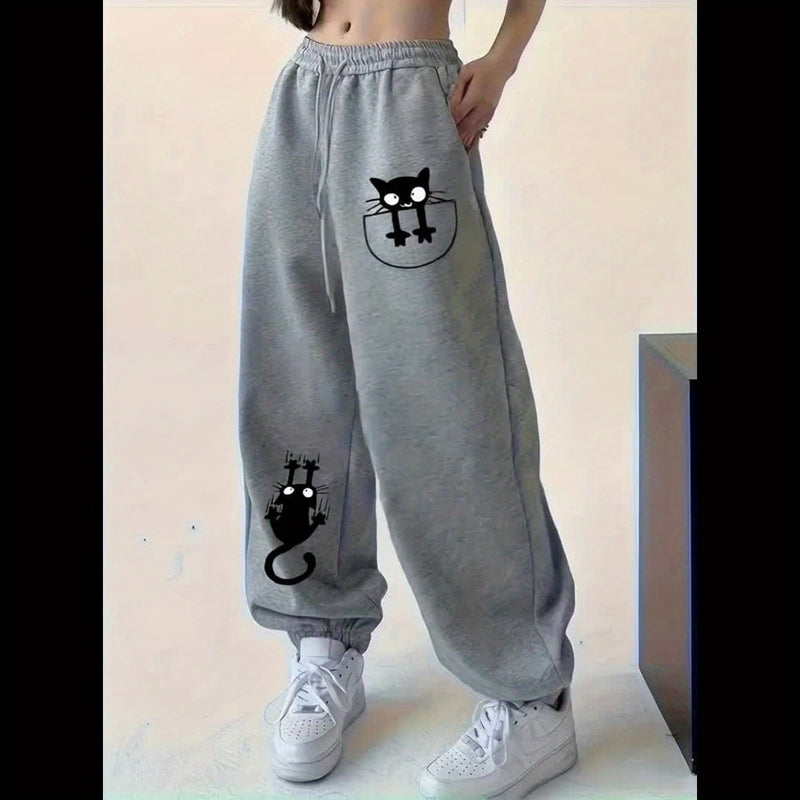 Women’s New Style, Cat Print Design, Solid Color Loose-Fitting Cuffed Joggers.