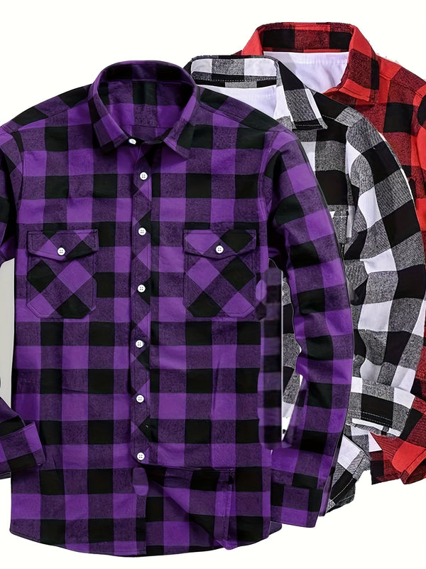 3pcs Men's Plaid Shirt Top with Turn- Collar Long Sleeve Button-Up.