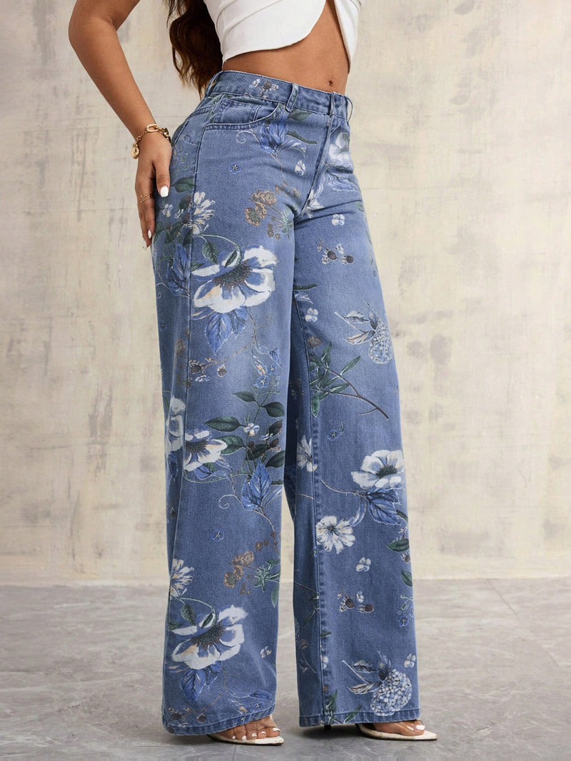 Vintage Floral Print Wide-leg Jeans for Women.