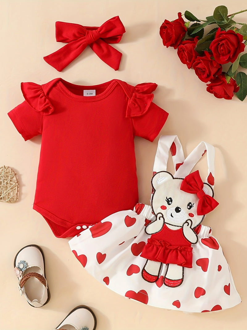 3pcs Cute Bear Heart Pattern Short Sleeve Top and Skirt Set.