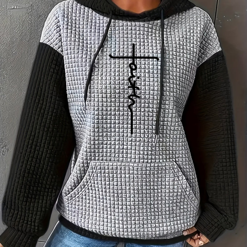 Women's Casual Oversized Hoodie with Checkered Texture & Letter Print.