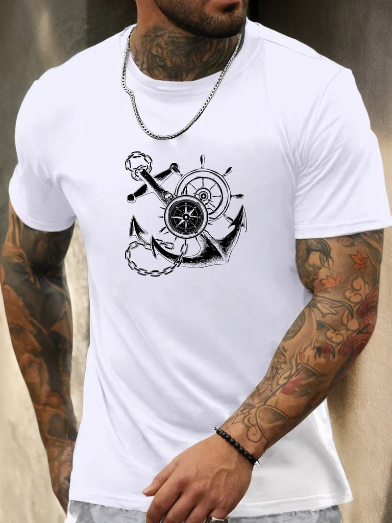 Men's Casual Summer T-Shirt with Anchor and Compass Graphic.